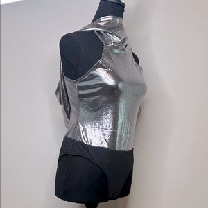 Holographic Silver Hooded Halter Bodysuit - Women's Shiny Metallic Top Y2K